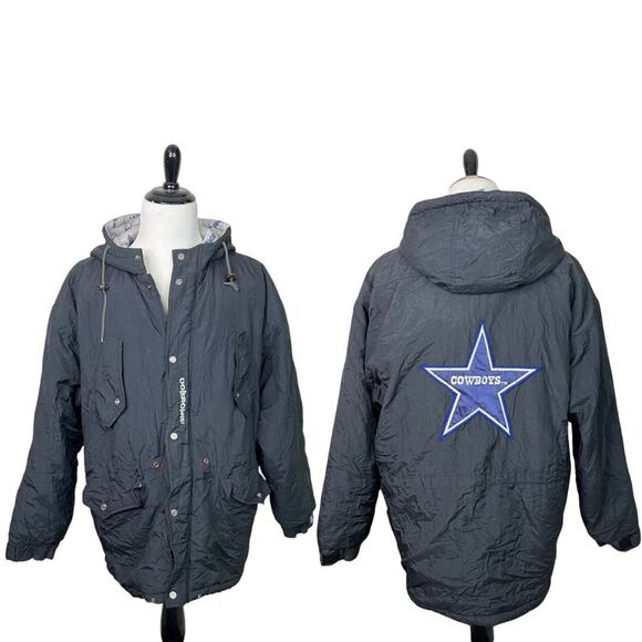 NFL VTG 90s Dallas Cowboys Long Puffer Winter Coat Jacket FLAW Black Large - Picture 1 of 10